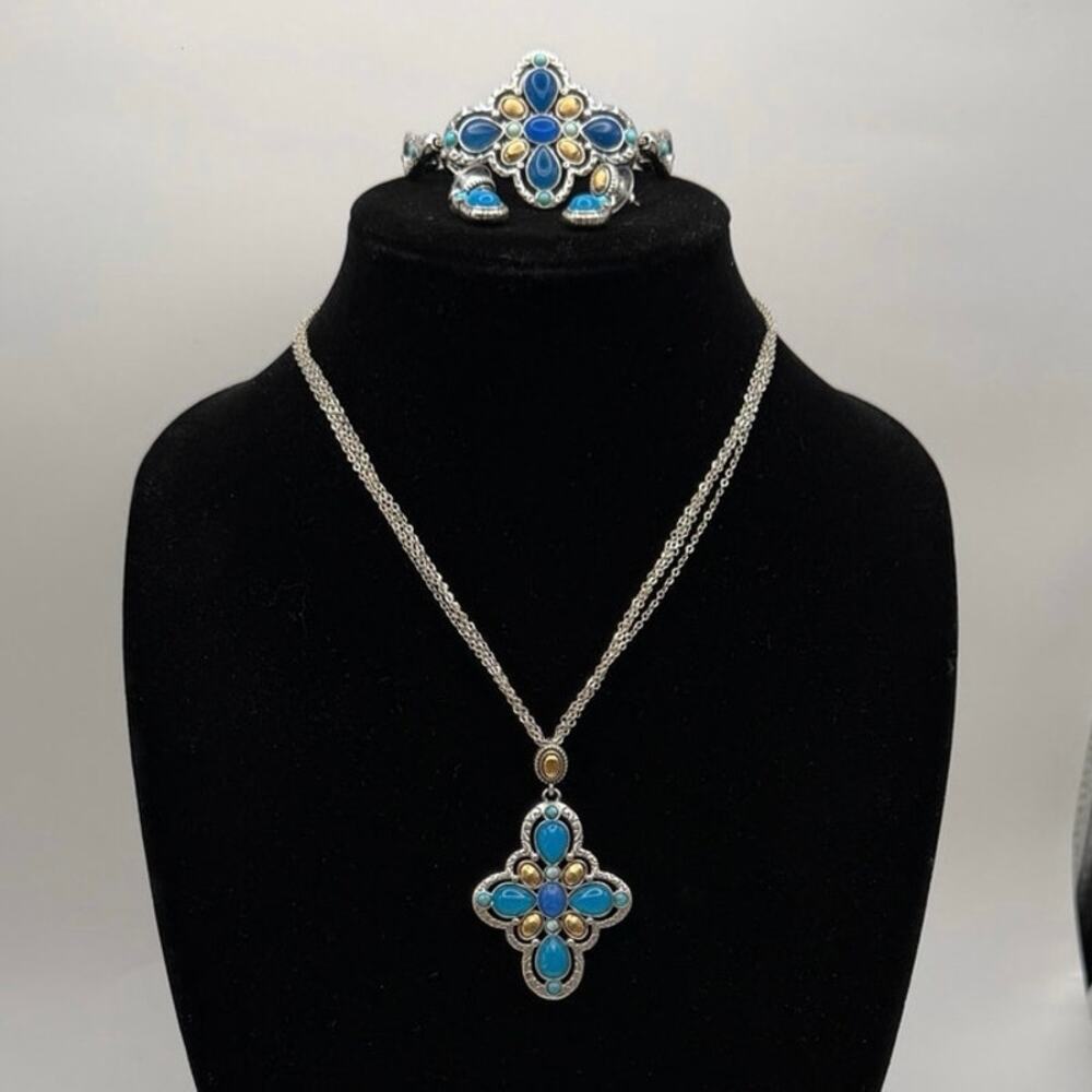 Brighton Nadia Necklace Bracelet Earring Set Blue Cross Pendant Two-Tone⁠